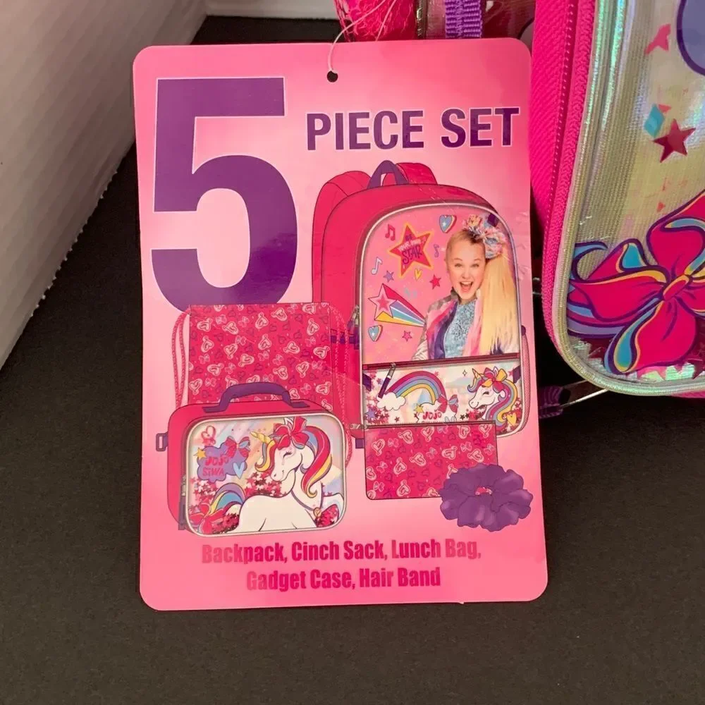 JoJo Siwa 5 Pc. Backpack Lunch Bag Cinch Sack Gadget Case Hair Band 16